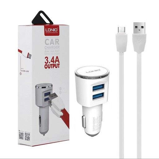 شارژر فندکی دو پورت LDNIO به همراه کابل شارژ اندروید پک بزرگ مدل DL-C29-سفید
